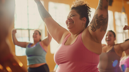 Obese tattooed white woman dancing in fitness class wearing pink sports tank top. Smiling with a feeling of happiness and success - obrazy, fototapety, plakaty