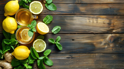 Ginger tea honey lemon and mint leaves on wooden table - obrazy, fototapety, plakaty