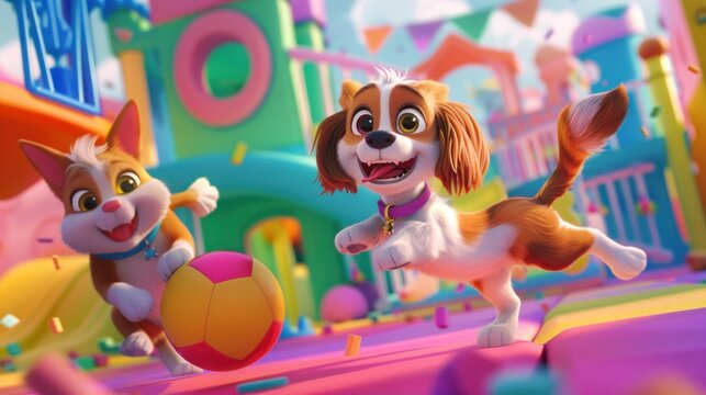 Two dogs playing with a ball in a colorful room. Scene is playful and joyful. Cartoon concept