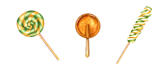 Set of spiral lollipops on stick. Round caramel with striped swirls, sugar candy. Fruit bonbons, hard candies. Watercolor illustration isolated on white background. For candy shop, store, postcard