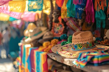 Fototapeta na wymiar Mexican hats and colorful textiles at market. Сinco de Mayo holiday. Mexican culture concept. Design for banner, poster