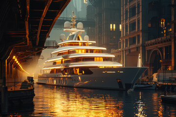 A luxury yacht anchored in a harbor, the warm light creating a contrast between the modern yacht and the traditional architecture - obrazy, fototapety, plakaty