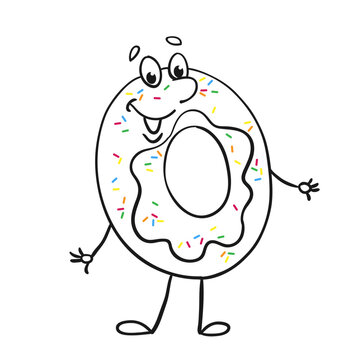 Funny smiling donut. Black and white picture with colored accents. Isolated on white background. Vector cartoon illustration for coloring book.
