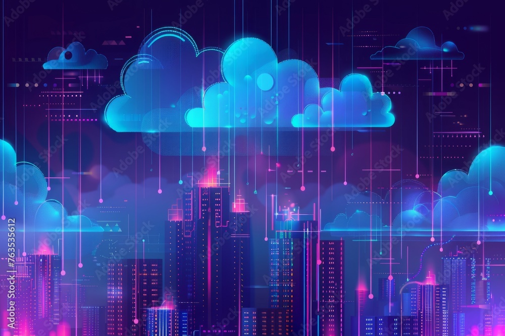 Poster cloud technology concept with binary code and cityscape on dark blue background, data transfer, glob