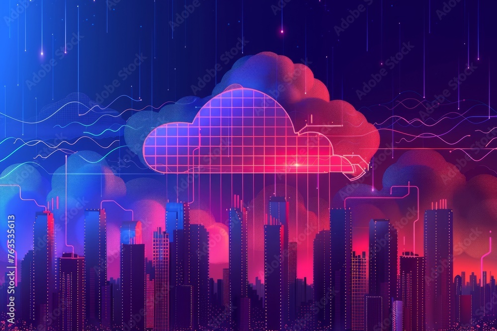 Poster cloud technology concept with binary code and cityscape on dark blue background, data transfer, glob