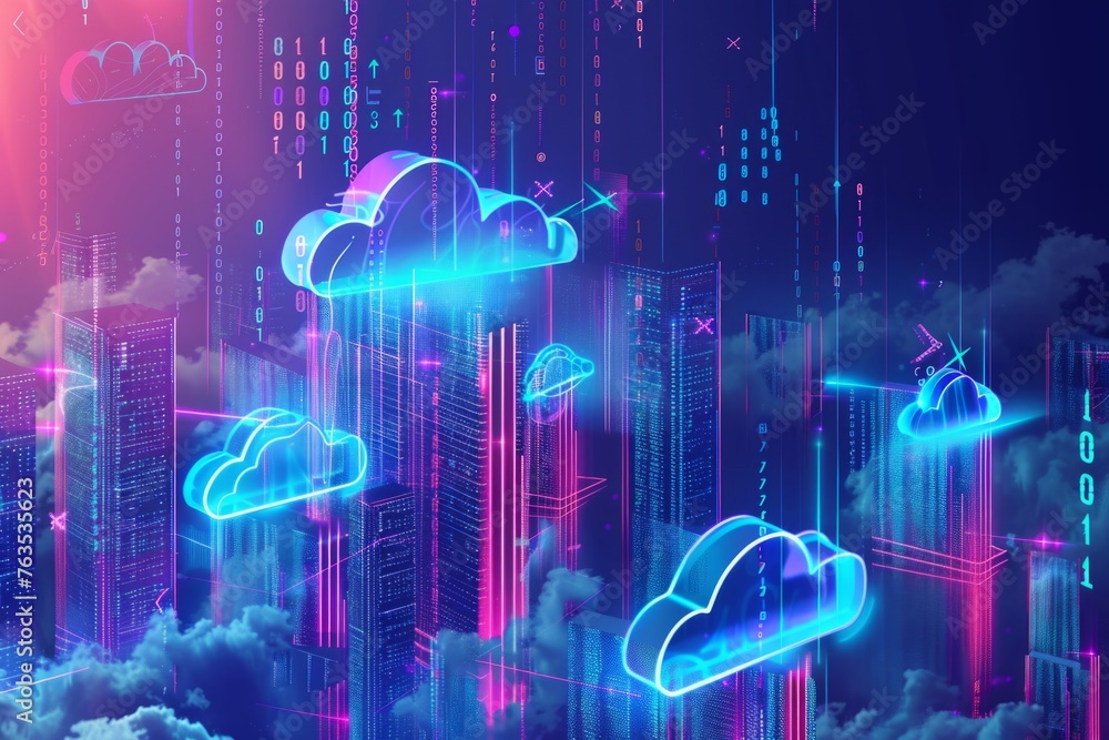 Poster the cloud technology background features buildings, with data flowing in the clouds and binary code 