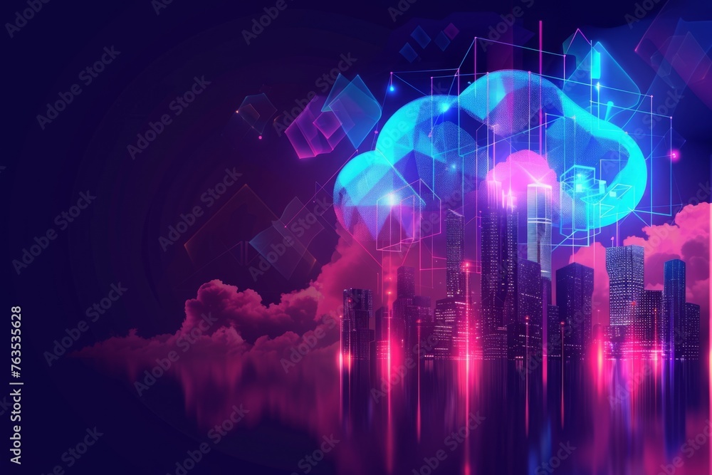 Poster cloud technology banner background with a low poly cityscape and binary code, on a blue gradient dar