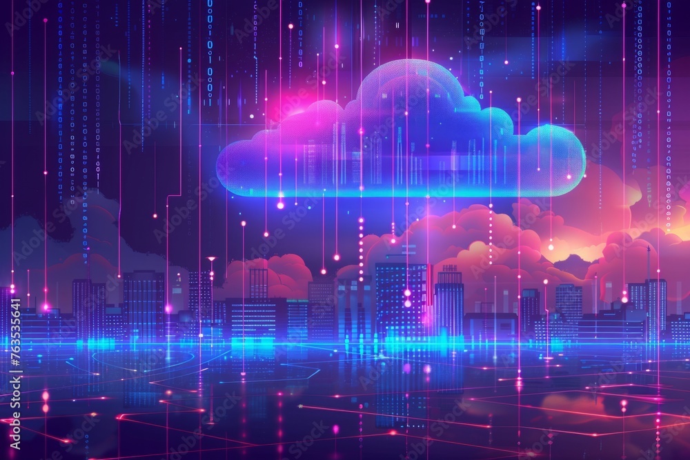 Poster cloud technology banner with cityscape and binary code, glowing neon effect generative ai