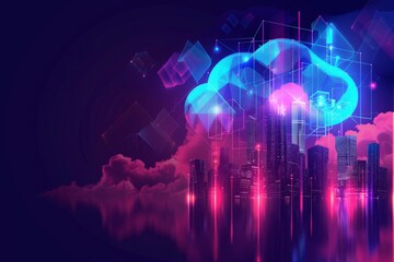 cloud technology banner background with a low poly cityscape and binary code, on a blue gradient dark purple blue colors Generative AI