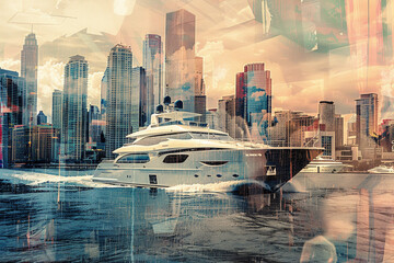 A luxury yacht cruising on a river through a city, the cityscape in the background creating an abstract and inspiring scene