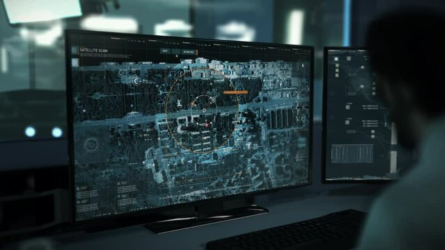 High tech tracking software analyzes the urban area of a city. High tech location tracking system searching for the criminals in urban town. High tech system tracked the target location in urban city