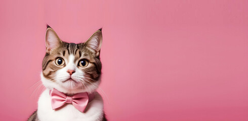Astonished Cute Cat with a pink bow tie on a pink background with text space, cat banner for holiday events, and New Year cards. Generative AI. V-1