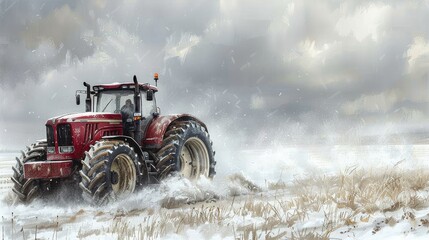 Red Tractor Driving Through Snow-Covered Field - obrazy, fototapety, plakaty