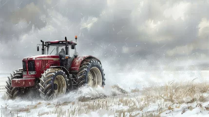 Foto op Canvas Red Tractor Driving Through Snow-Covered Field © Kamran