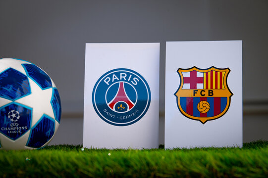 Paris Saint-Germain (FRA) vs FC Barcelona (ESP. Quarter Finals of football UEFA Champions League 2024 in Europe. Logo of teams and official soccer ball on green grass