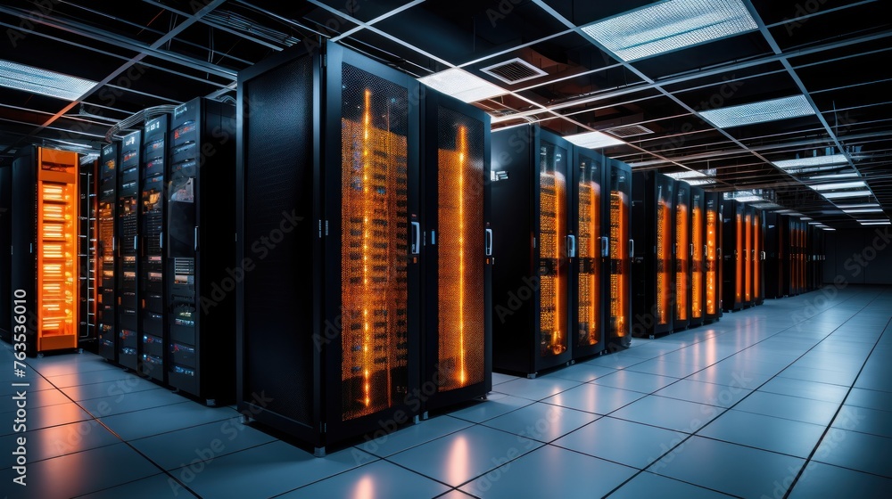 Aufkleber depict a state of the art data center with rows of server racks, cooling systems, and redundant powe