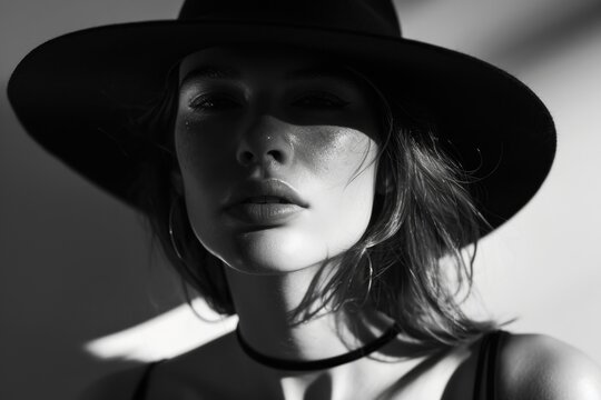 Black and white portrait of a woman in a hat with shadows on her face