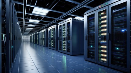 Depict a state of the art data center with rows of server racks, cooling systems, and redundant power supplies