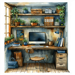 Watercolor depiction of inviting and cozy home office corners, characterized by clear separation and soft pastel hues. Perfect for interior design references, home decor magazines