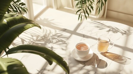 a table with a cup of coffee and a plant on it with a window in the background