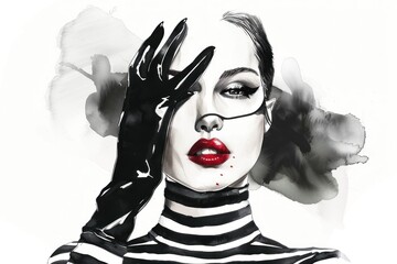A beautiful woman wearing black gloves and striped