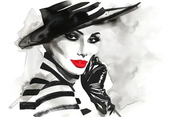A beautiful woman wearing black gloves and striped