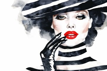 A beautiful woman wearing black gloves and striped