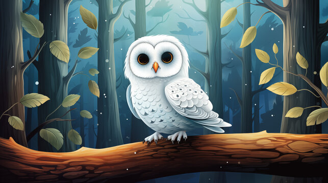 coruja branca na floresta - Ilustração Infantil