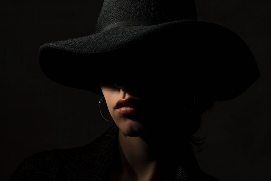 Minimalistic black background studio photo of woman in hat