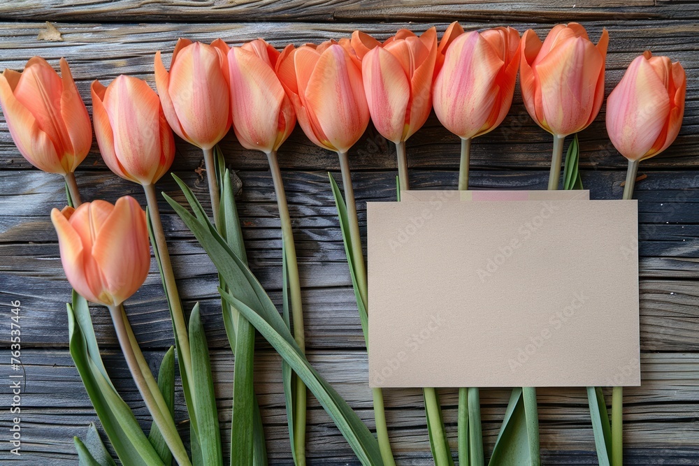 Poster a row of orange tulips with a blank card in the middle. the card is brown and has a blank space for 