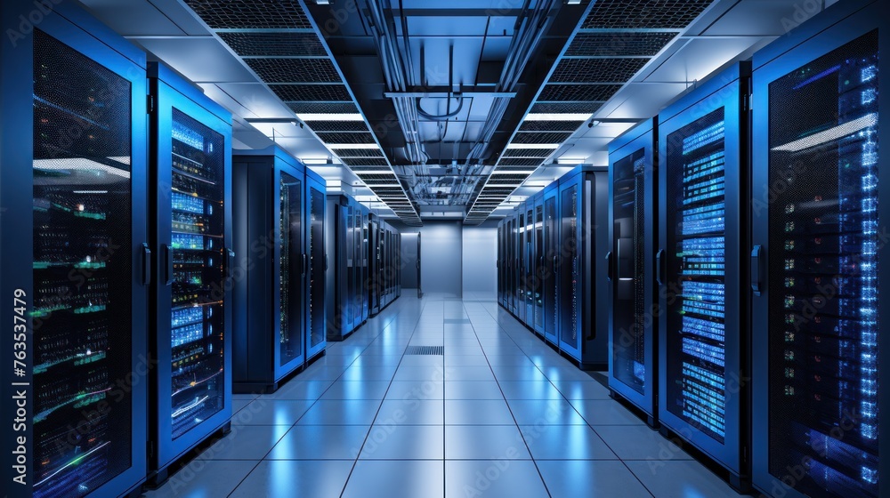 Poster depict a state of the art data center with rows of server racks, cooling systems, and redundant powe