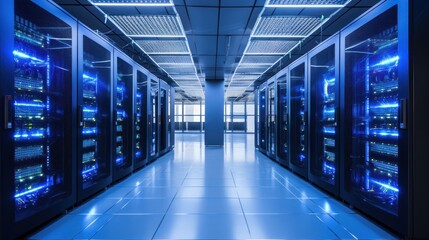 Fototapeta premium Depict a state of the art data center with rows of server racks, cooling systems, and redundant power supplies