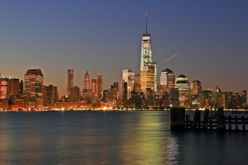 Panorama New York city Manhattan skyline cityscape at sunset from New Jersey. 