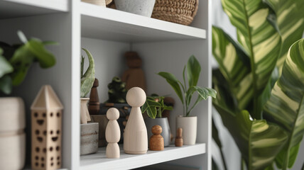 A close-up of a modern white bookshelf, with an array of small, handcrafted wooden figurines and green, leafy plants.