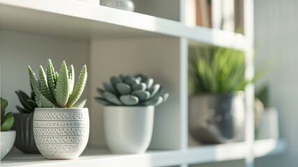 A close-up of a sleek, modern white bookshelf with minimalistic ceramic ornaments and succulent plants, bathed in soft natural light. - Powered by Adobe