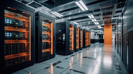 Depict a state of the art data center with rows of server racks, cooling systems, and redundant power supplies