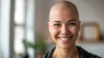 a woman with a bald head smiling