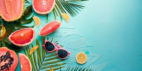 a pair of sunglasses sitting on top of a table next to sliced oranges and palm leaves