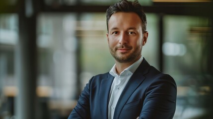 Fototapeta premium a businessman with his arms crossed standing in front of a building with a glass door and a window behind him