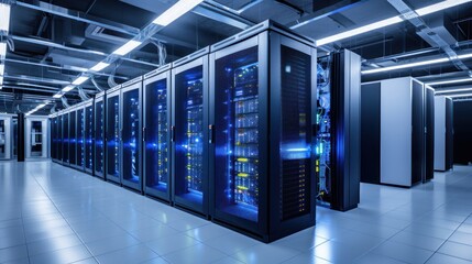 Depict a state of the art data center with rows of server racks, cooling systems, and redundant power supplies