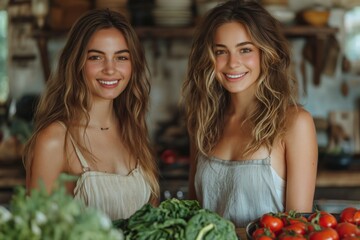 Couple of young women together during cooking dinner in kitchen. Smiling and happy girls