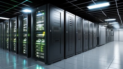 Depict a state of the art data center with rows of server racks, cooling systems, and redundant power supplies