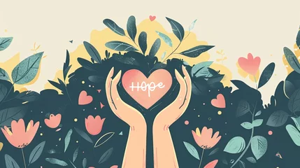 Afwasbaar Fotobehang Motiverende quotes A hand holding a heart with the word hope written underneath. The image has a positive and uplifting mood, conveying the idea of hope and love