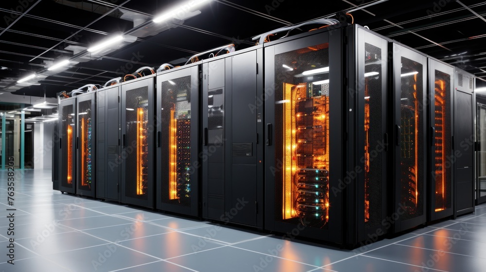 Poster depict a state of the art data center with rows of server racks, cooling systems, and redundant powe