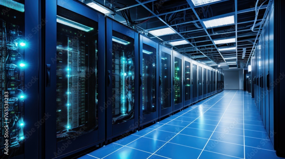 Poster depict a state of the art data center with rows of server racks, cooling systems, and redundant powe