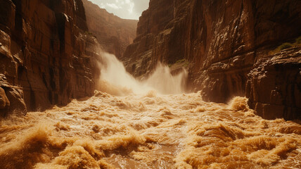 A dynamic view of a flash flood in a canyon, with muddy waters rushing violently through the narrow passageway.