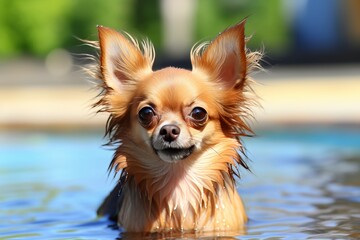 Joyful little dog splashing and playing happily in the refreshing water - obrazy, fototapety, plakaty