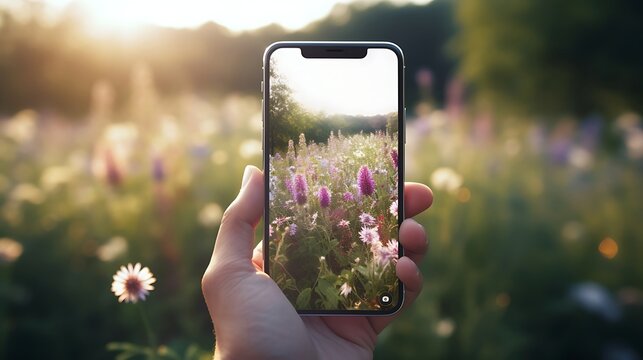 In the Palm of Your Hand: A Smartphone Screen, Cradled by a Hand, Showcasing the Lush Greenery and Vibrant Blooms of a Tranquil Garden