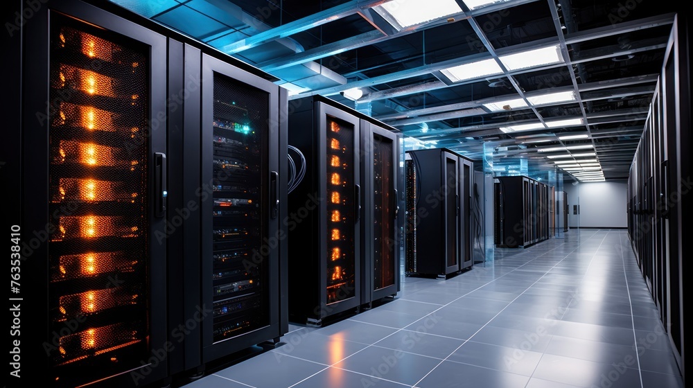 Poster depict a state of the art data center with rows of server racks, cooling systems, and redundant powe
