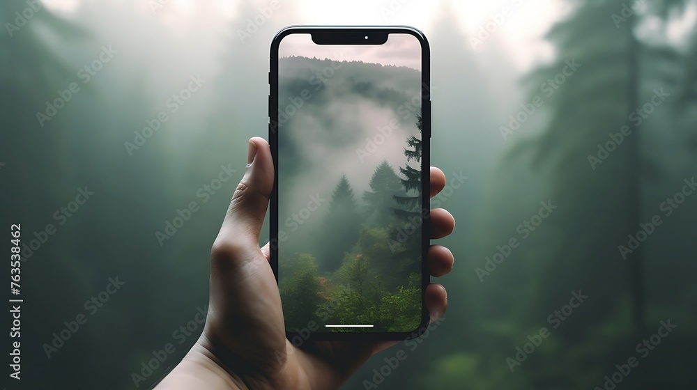 Poster mystical forest mirage: a hand holds a smartphone screen, displaying an enchanting view of a smog-en